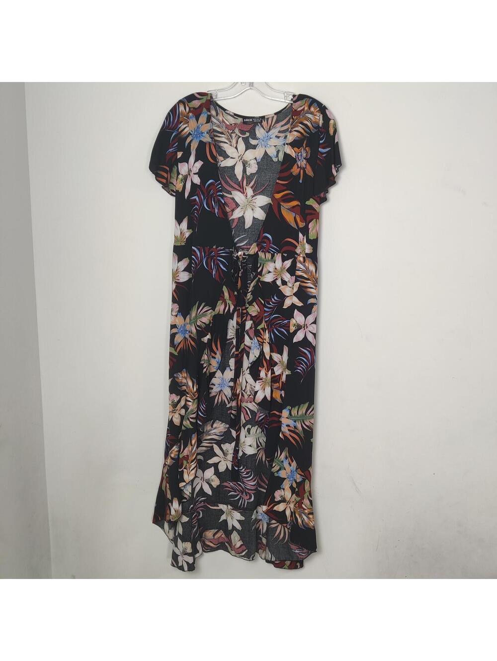 SHEIN XS Black Floral Kimono Cover Up Tropical Tie Waist Duster